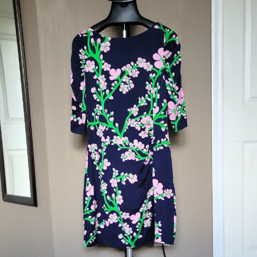 Lilly Pulitzer Navy Dress with Pink Floral Design Size L